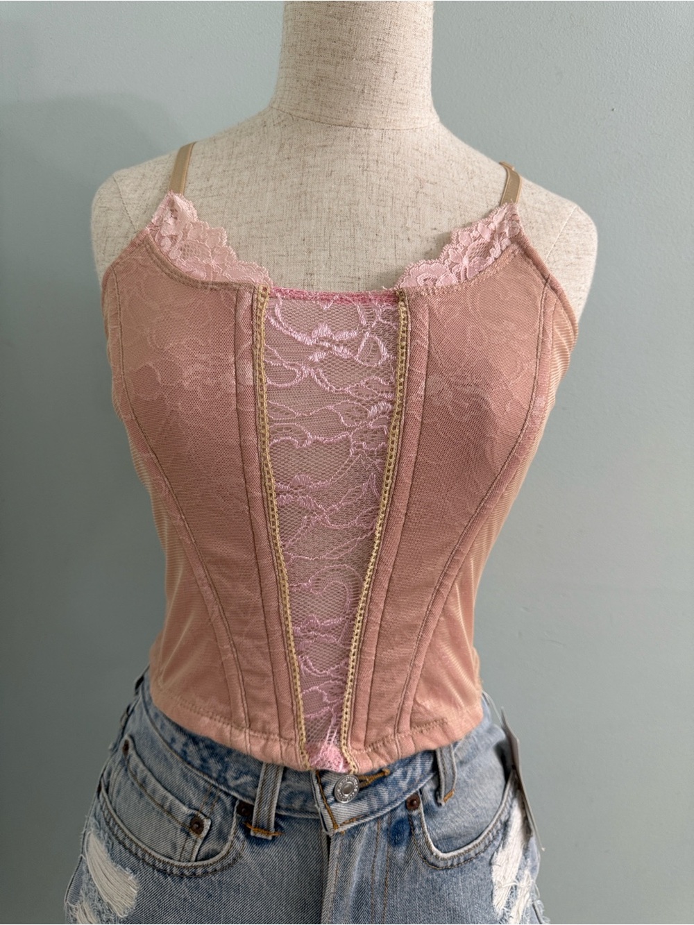 Y2K Pink Beige Lace Bustier Corset S